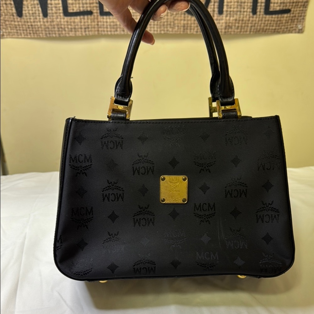 Vintage MCM Black Jacquard Logo Satchel – Gold Hardware – Rare Serial D2687 mini